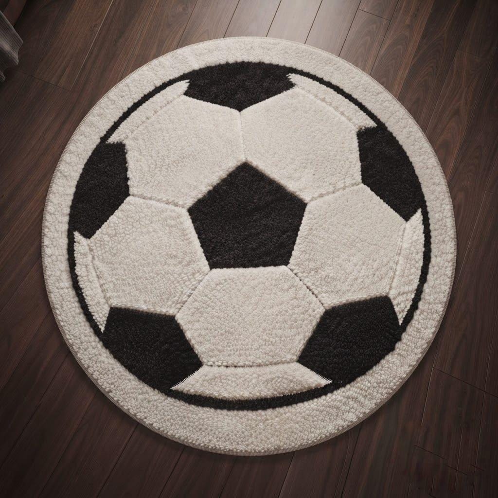 Hand-tufted Wool Soccer Ball Rug, Round Black Ivory Sports Carpet – view 5