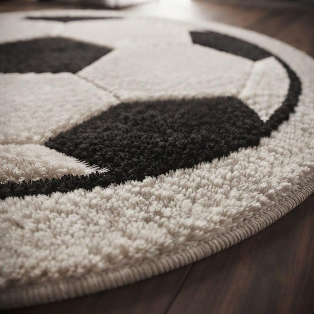 Hand-tufted Wool Soccer Ball Rug, Round Black Ivory Sports Carpet – view 6