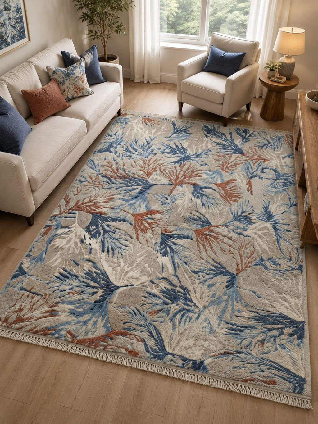 Hand Tufted Wool Area Rug, Botanical Leaf Pattern, Coastal Contemporary Home Décor – main view