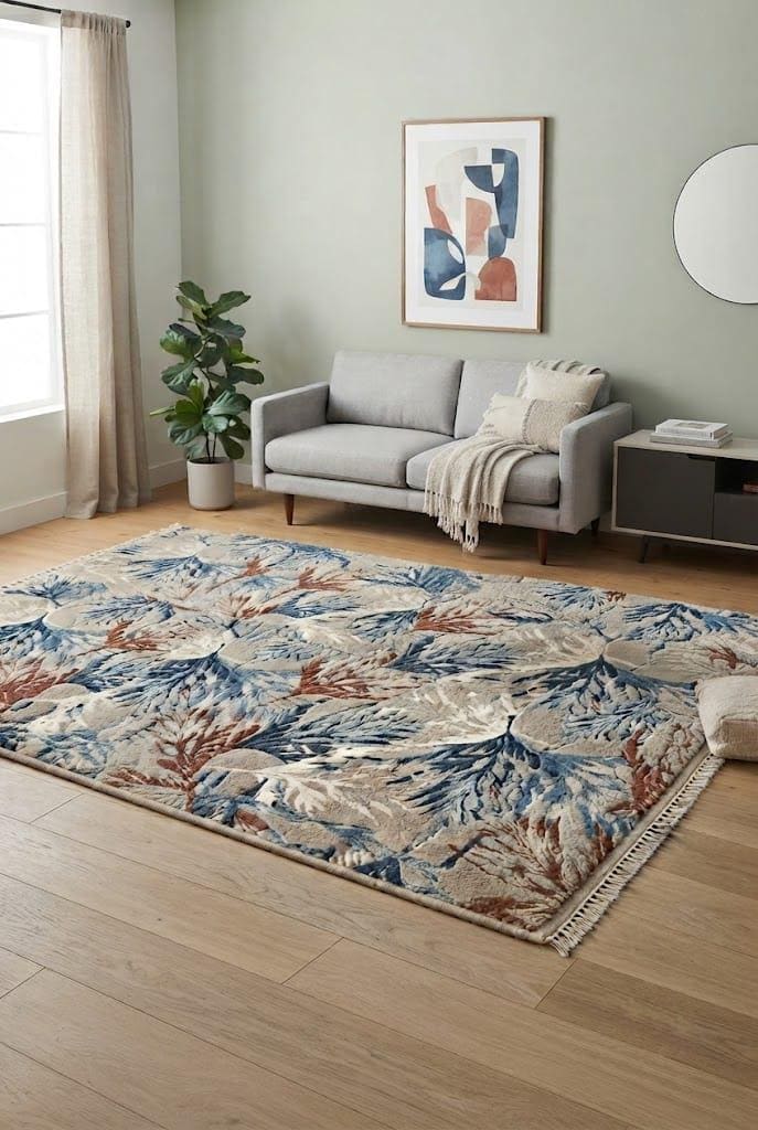 Hand Tufted Wool Area Rug, Botanical Leaf Pattern, Coastal Contemporary Home Décor – view 5