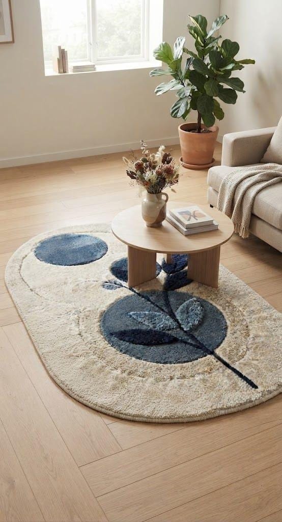Hand Tufted Wool Oval Rug, Blue Botanical Abstract Pattern, Contemporary Ivory Floor Carpet – main view