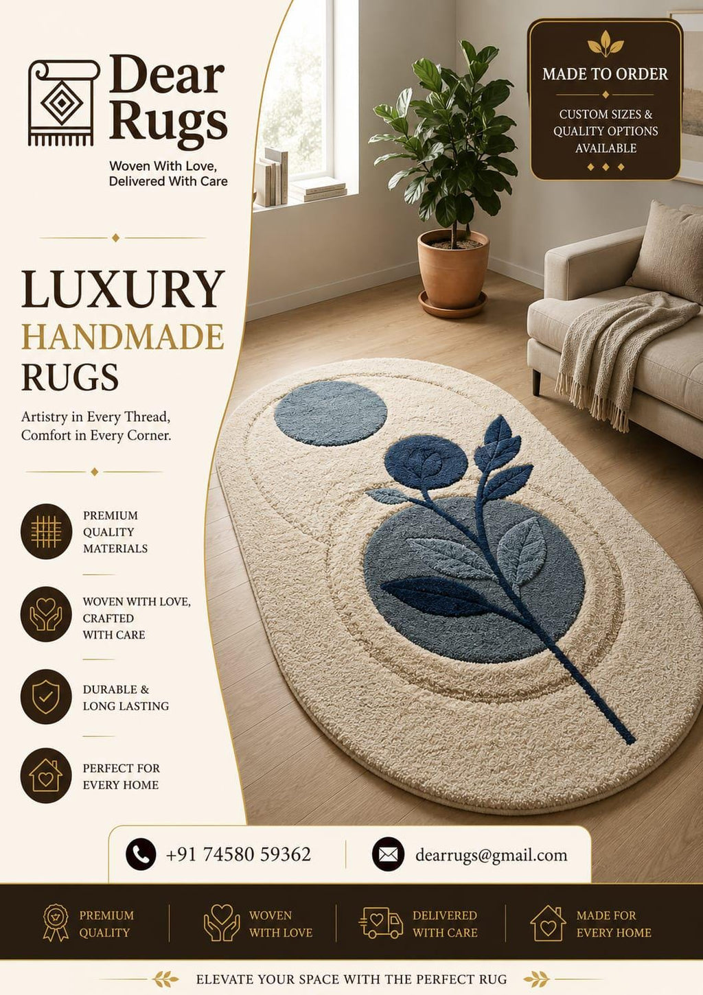 Hand Tufted Wool Oval Rug, Blue Botanical Abstract Pattern, Contemporary Ivory Floor Carpet – view 2