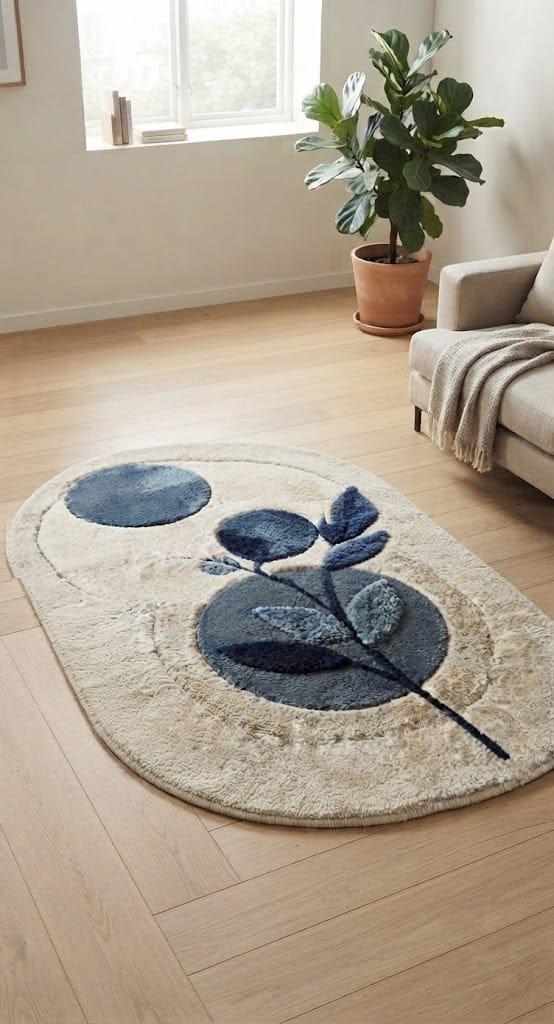Hand Tufted Wool Oval Rug, Blue Botanical Abstract Pattern, Contemporary Ivory Floor Carpet – view 3
