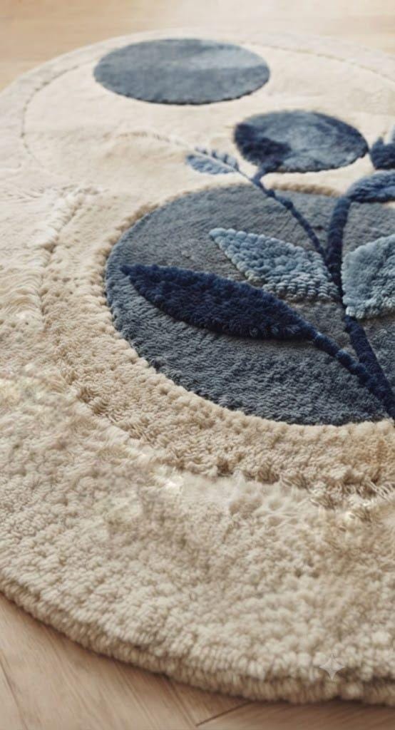 Hand Tufted Wool Oval Rug, Blue Botanical Abstract Pattern, Contemporary Ivory Floor Carpet – view 4