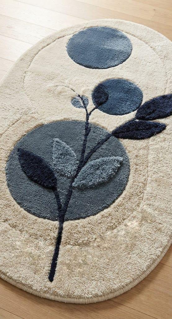 Hand Tufted Wool Oval Rug, Blue Botanical Abstract Pattern, Contemporary Ivory Floor Carpet – view 5