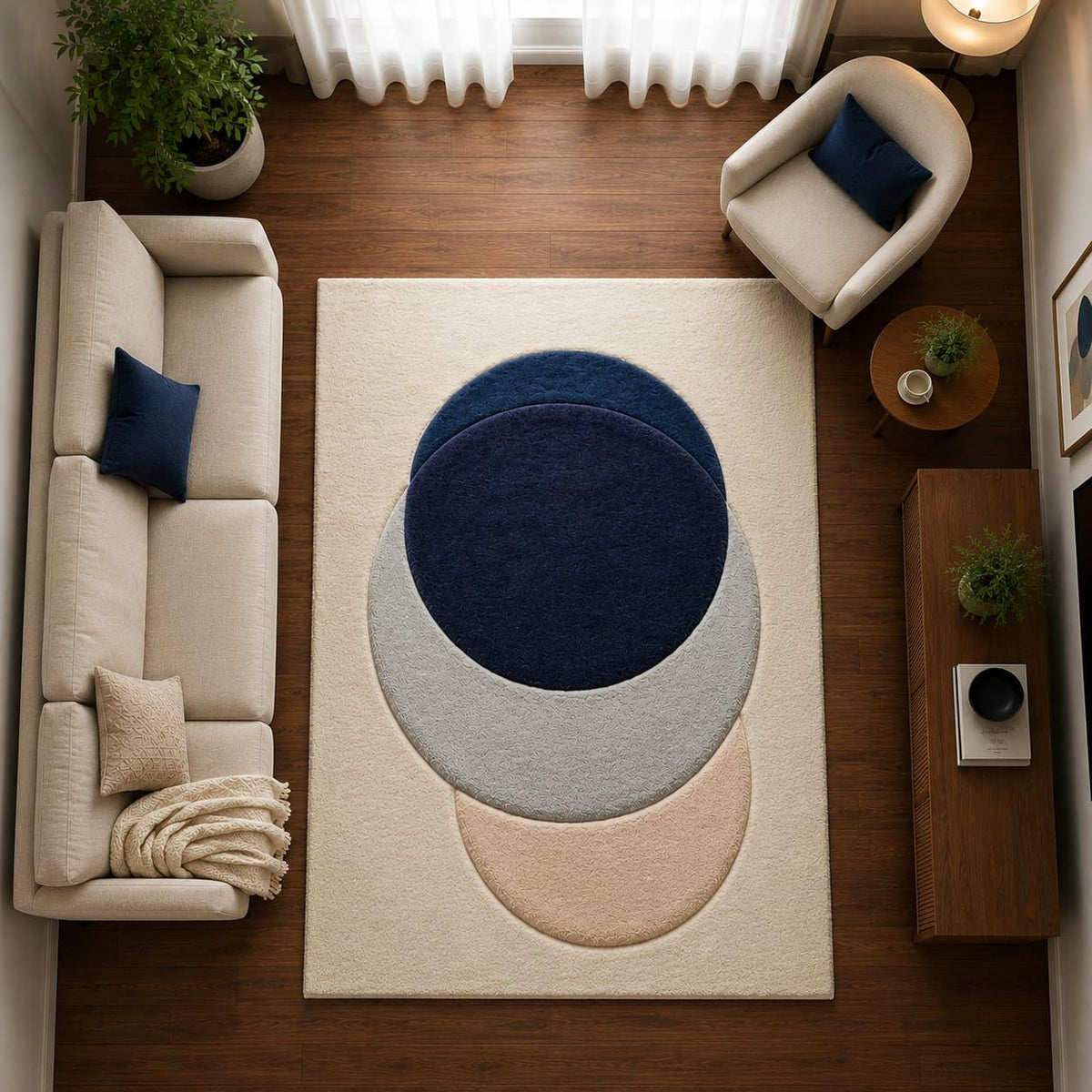 Hand Tufted Wool Area Rug, Abstract Geometric Circles, Modern Scandinavian Japandi Style – main view