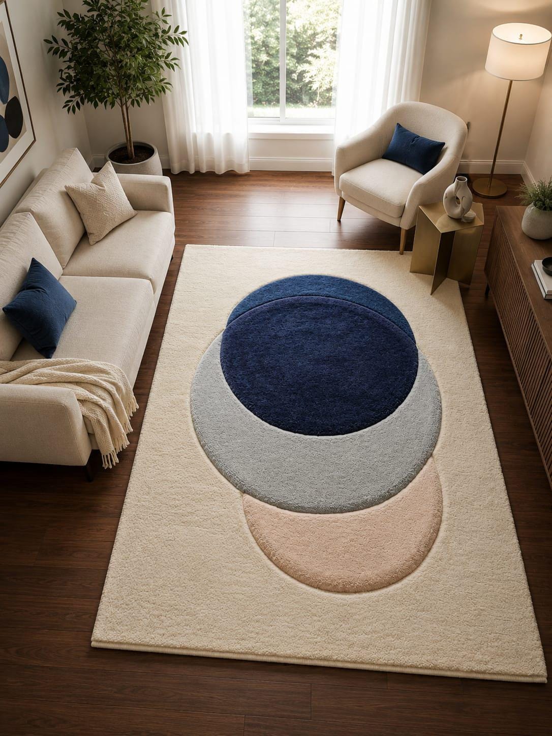 Hand Tufted Wool Area Rug, Abstract Geometric Circles, Modern Scandinavian Japandi Style – view 4