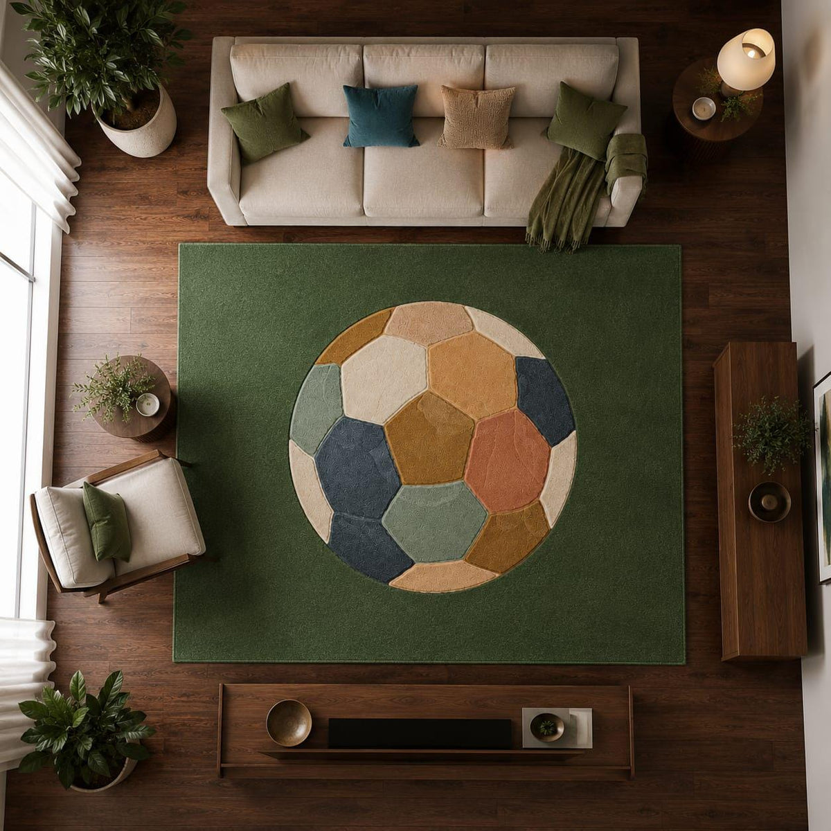 Hand-Tufted Wool Soccer Ball Rug: Green Field Nursery Carpet, Sports Theme Mat – main view