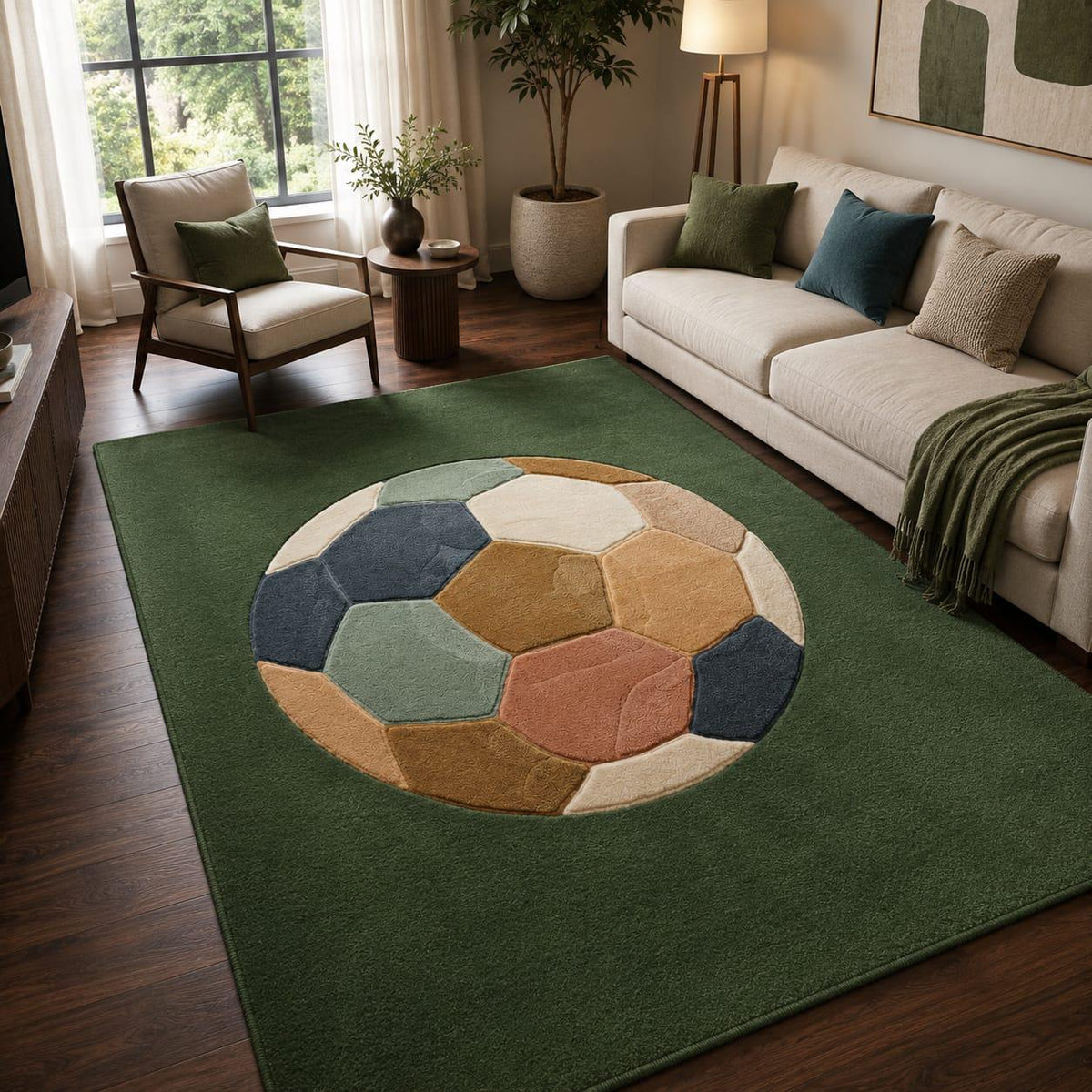 Hand-Tufted Wool Soccer Ball Rug: Green Field Nursery Carpet, Sports Theme Mat – view 3